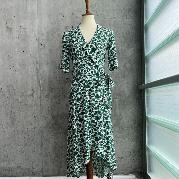 Ganni Dresses & Skirts - Ganni Green White Floral Wrap Dress Size 2 Hi-Lo Hem Romantic Boho Cottagecore